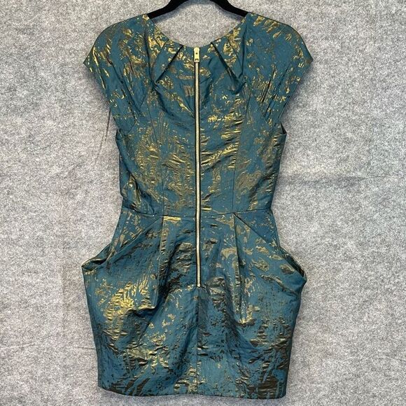 ALL SAINTS Dress Size 4 Opulence Teal Bronze Jacquard Cap Sleeve Cocktail Mini - Picture 13 of 16